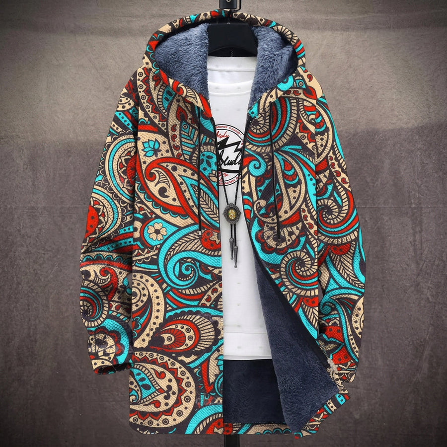 Isabella | Cappotto con Cappuccio a Motivo Cachemire Turchese