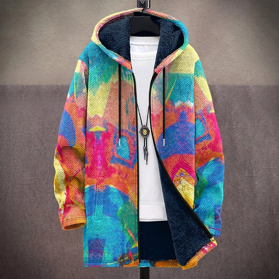 Susanna | Cappotto con Cappuccio a Collage Astratto Rosa e Blu