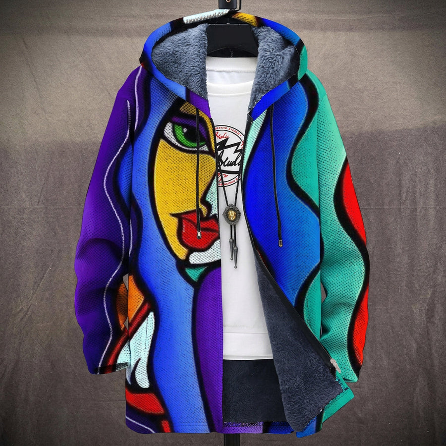 Clarissa | Cappotto con Cappuccio a Volto Cubista Blu e Rosso