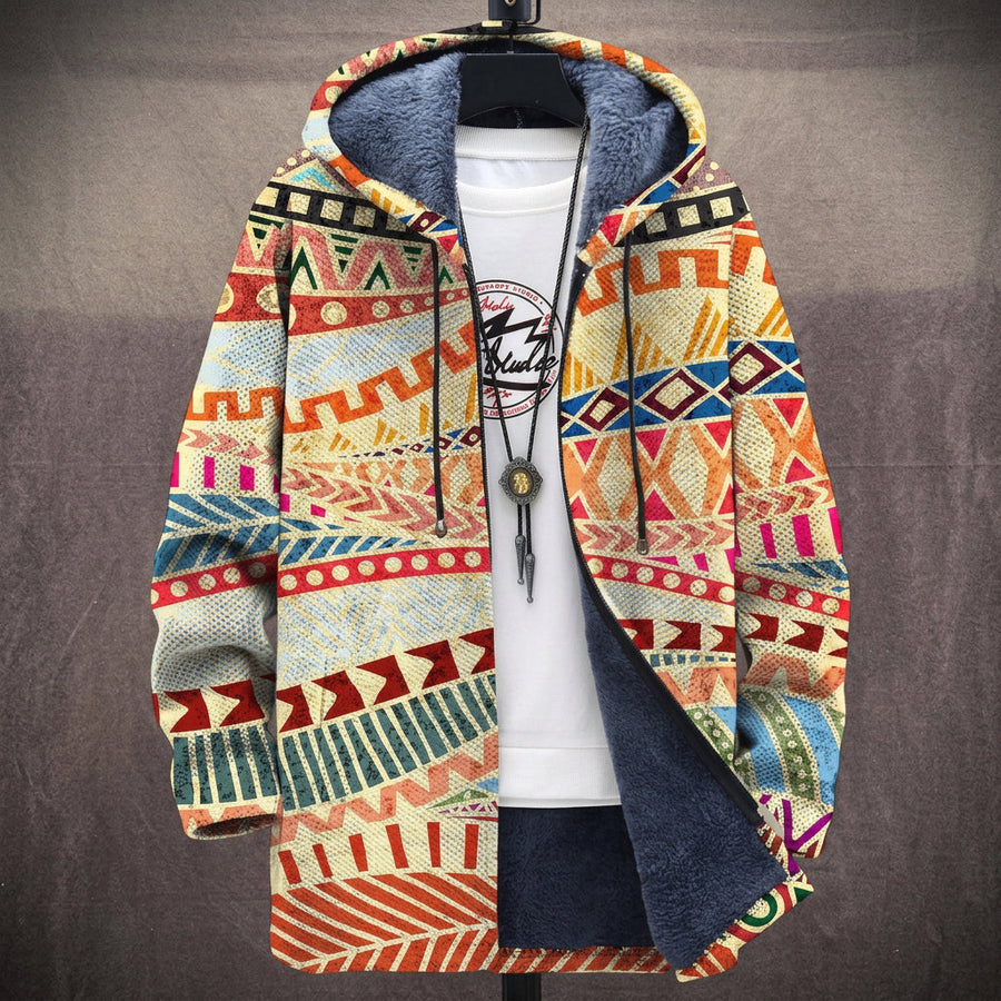 Vanessa | Cappotto con Cappuccio a Motivo Azteco Beige e Rosso