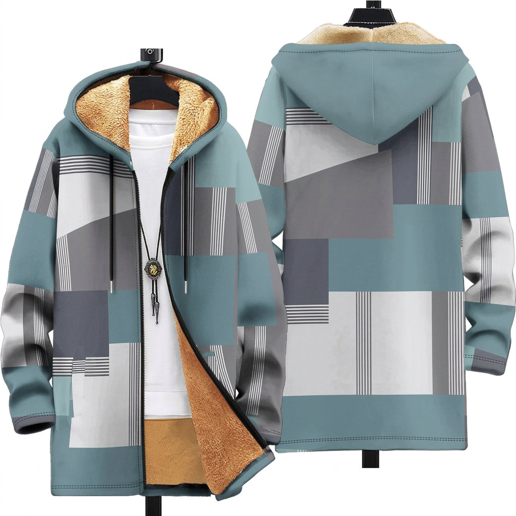 Iolanda | Cappotto con Cappuccio a Blocchi Grigio-Azzurro e Senape