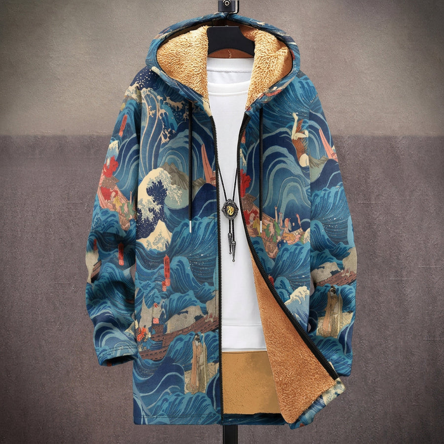 Ada | Cappotto con Cappuccio a Onde Giapponesi Blu e Arancio