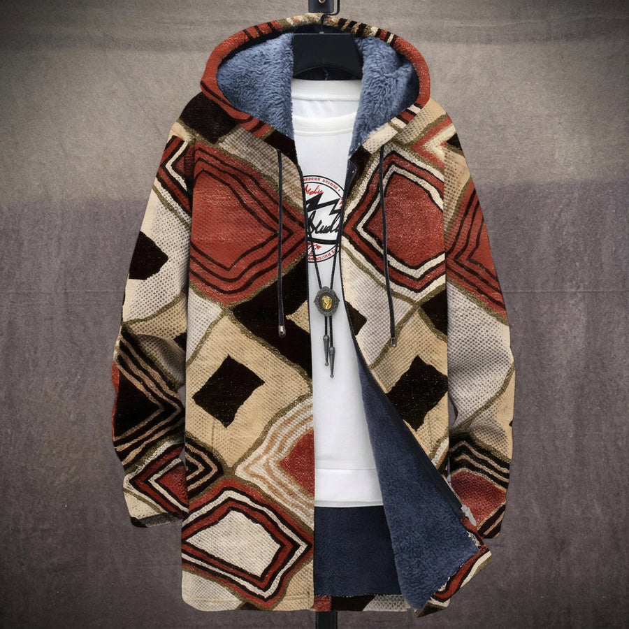 Bruna | Cappotto con Cappuccio a Rombi Aztechi Beige