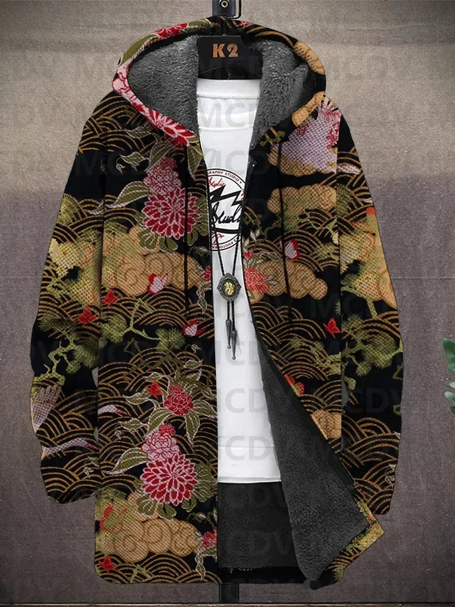 Lina | Cappotto con Cappuccio a Motivi Asiatici, Nove Stampe