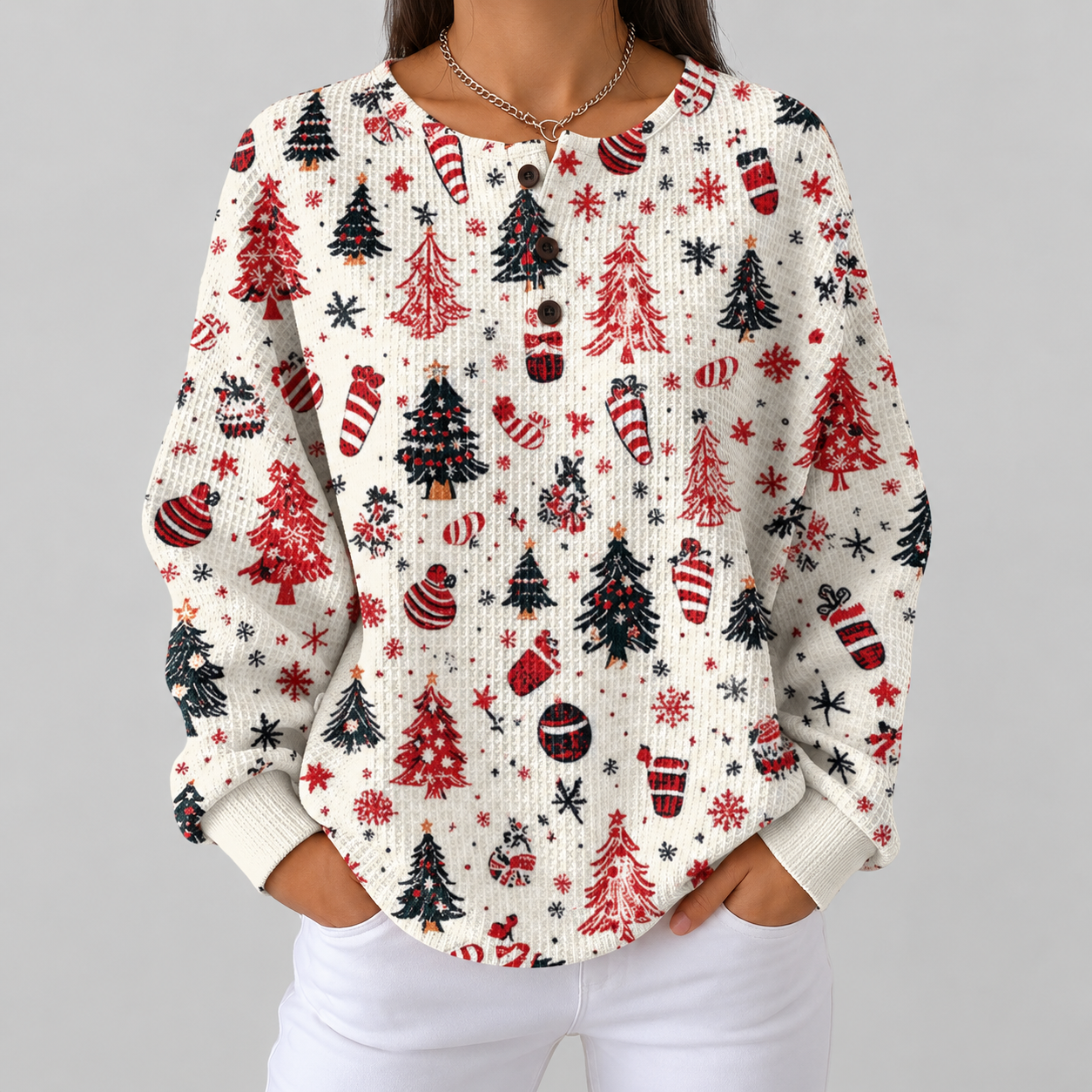 Valeria | Maglione Bianco con Alberi e Palline di Natale