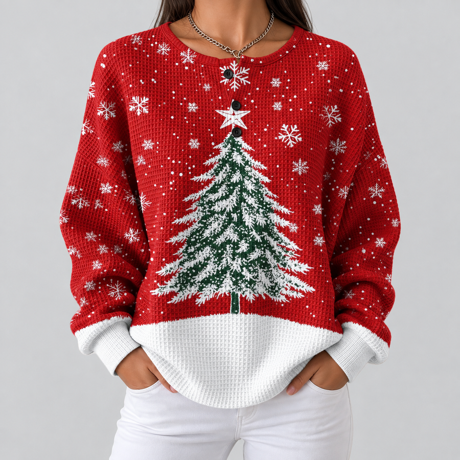 Rina | Maglione Rosso con Albero Innevato