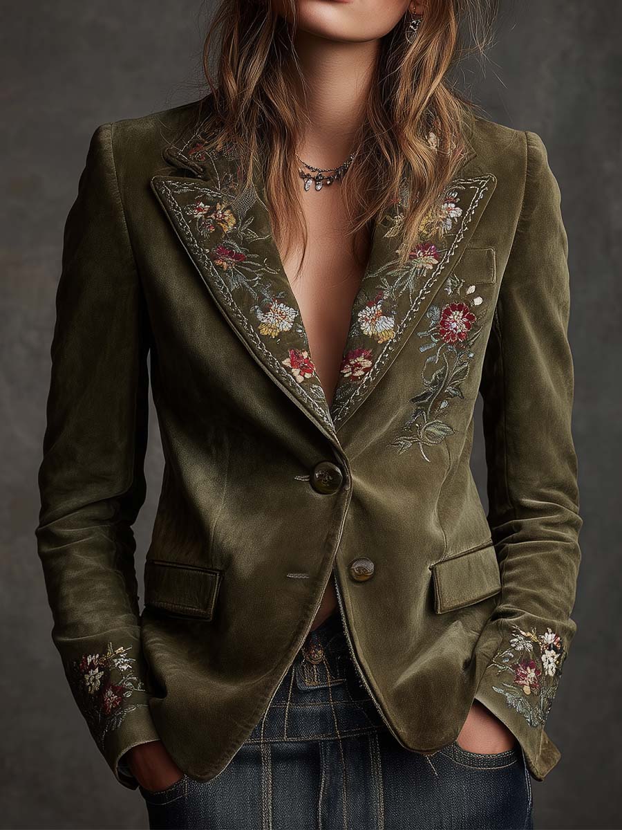 Clara | Blazer verde oliva in velluto ricamato