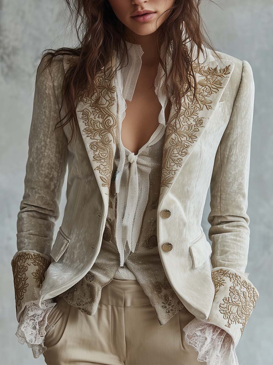 Celeste | Blazer avorio con ricami e polsini in pizzo