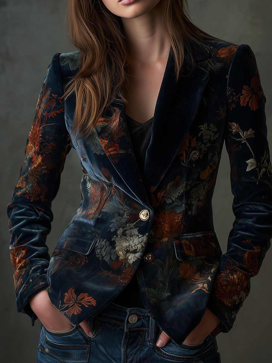 Barbara | Blazer in velluto floreale con bottoni metallici
