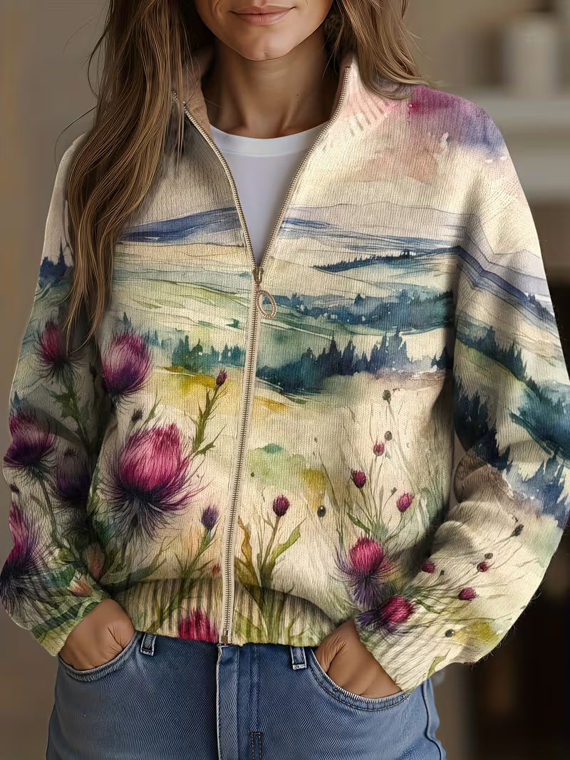 Zelda | Cardigan con Zip e Paesaggio Floreale