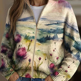 Zelda | Cardigan con Zip e Paesaggio Floreale