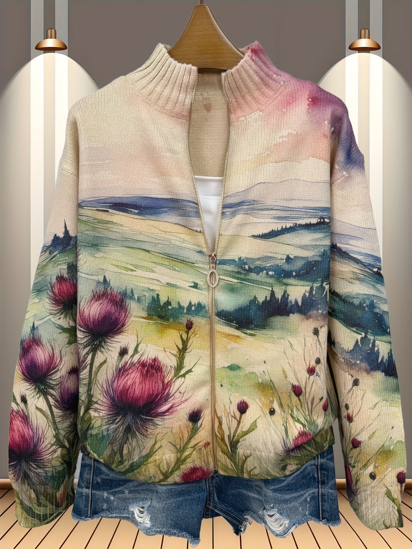Zelda | Cardigan con Zip e Paesaggio Floreale