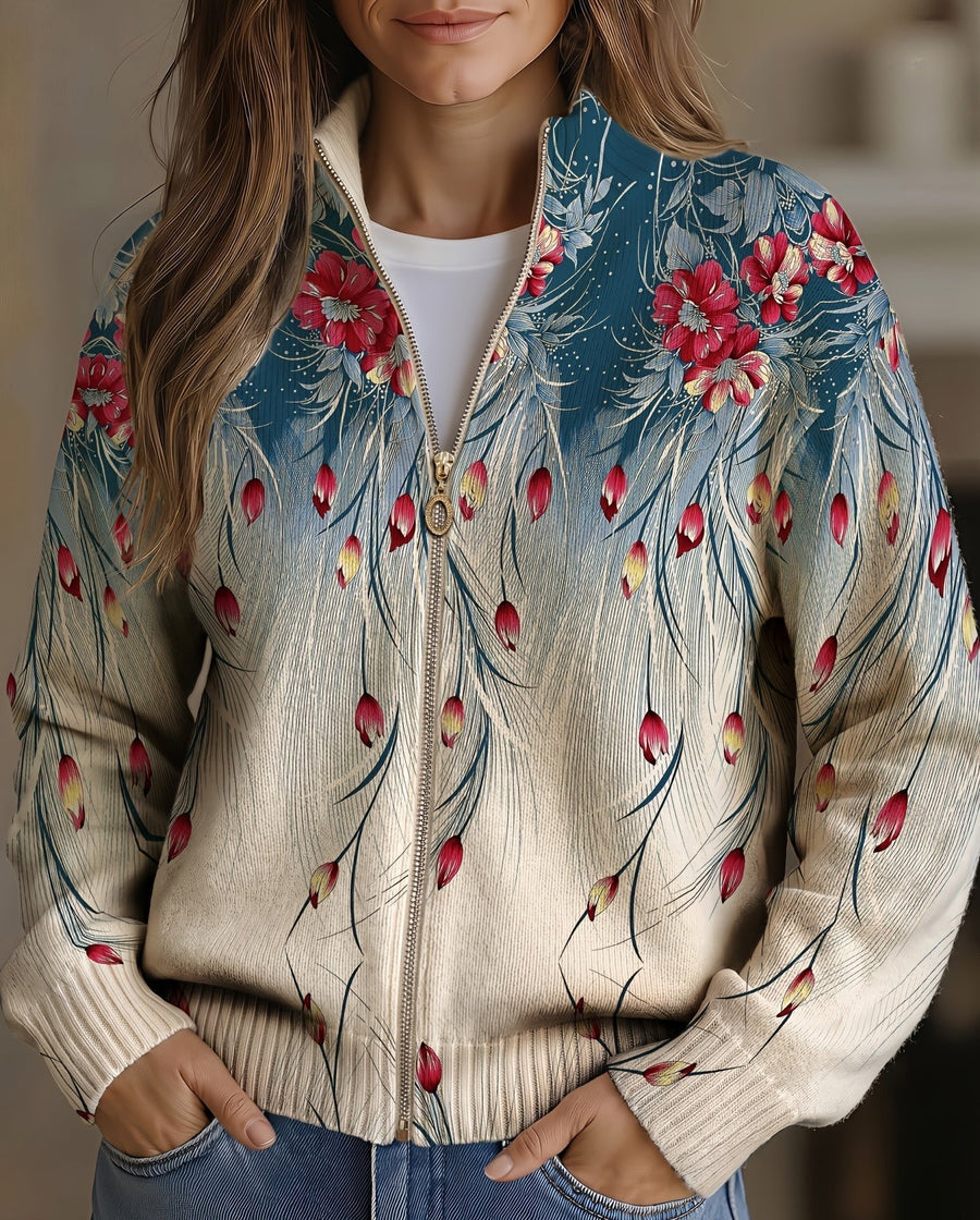 Zita | Cardigan con Zip e Motivi a Piuma