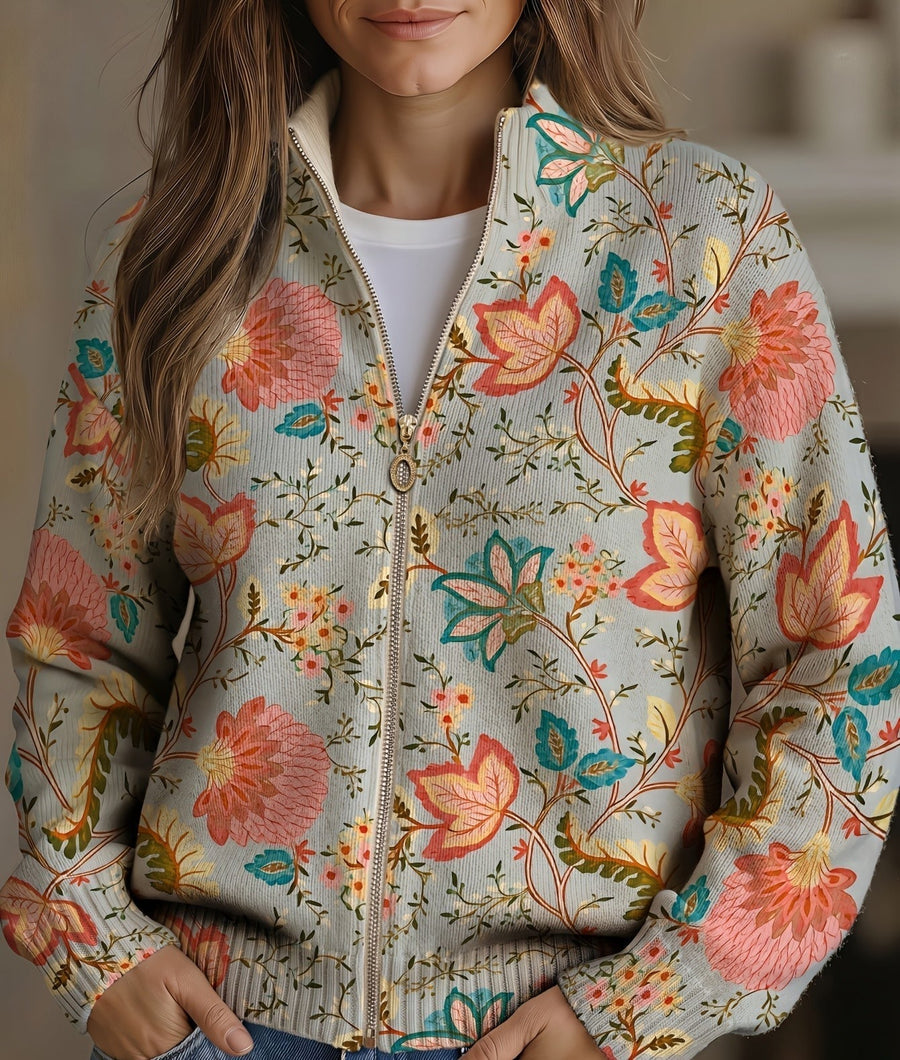 Xenia | Cardigan con Zip e Fiori Vintage