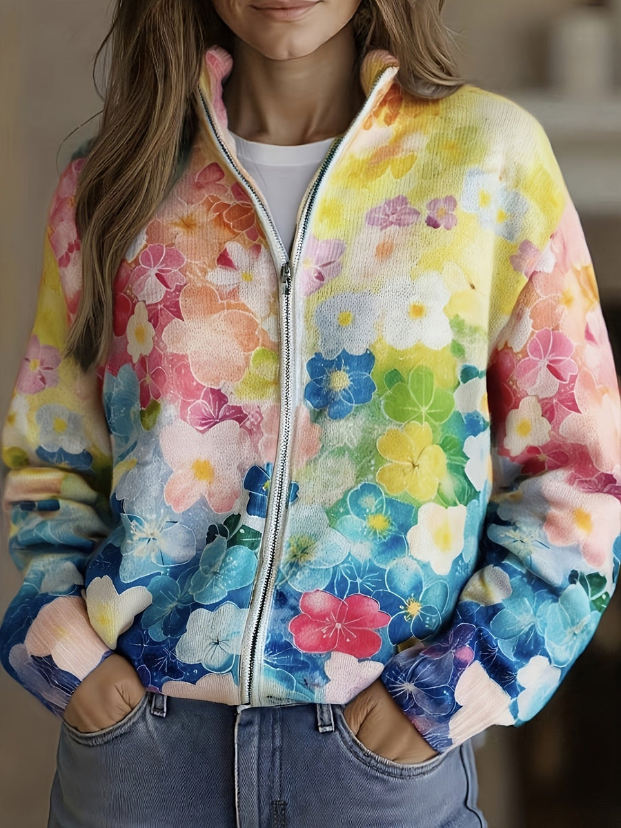 Augusta | Cardigan con Zip e Fiori Acquerellati