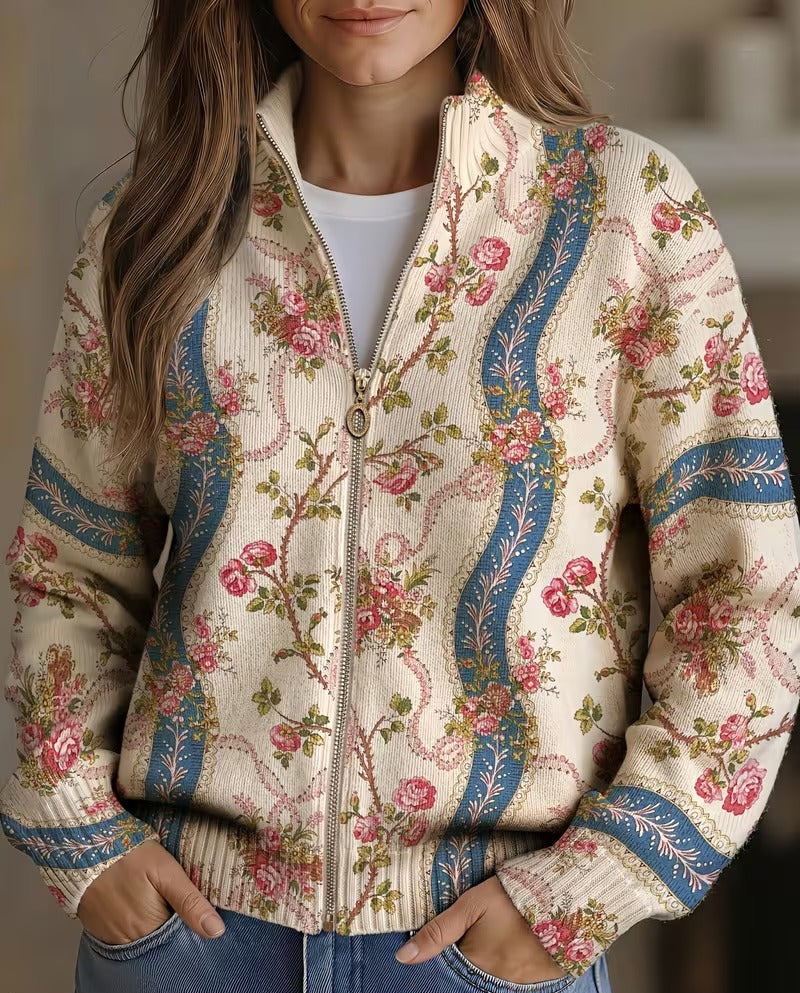 Eulalia | Cardigan con Zip e Rose Ornamentali