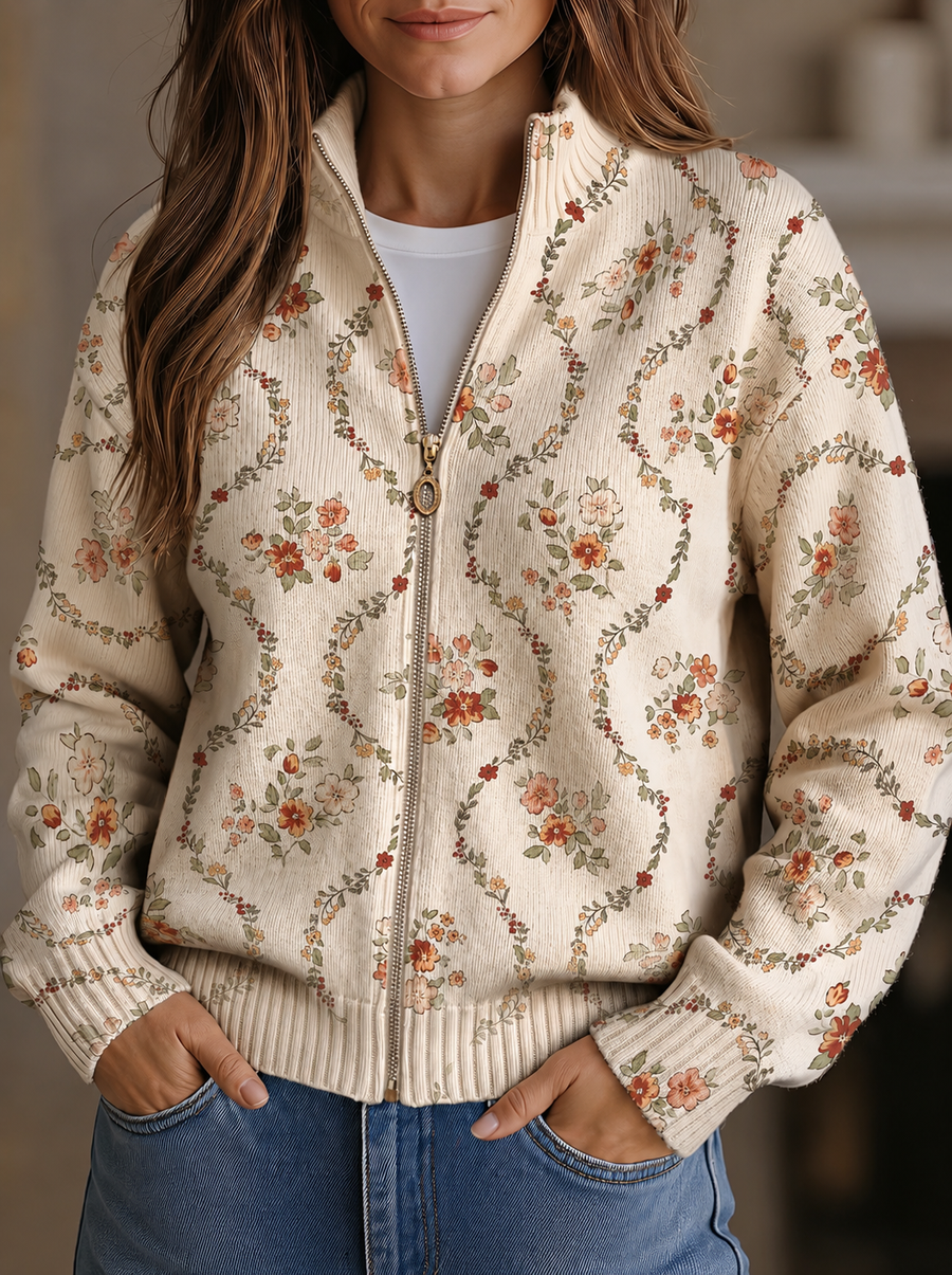 Persefone | Cardigan con Zip e Tralci Floreali