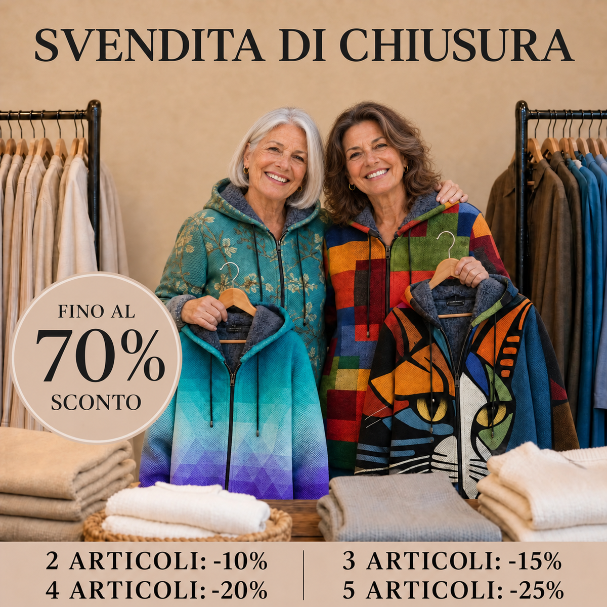 Boutique Veronese – Giacche Artistiche. Svendita di chiusura, fino al 70% di sconto.
