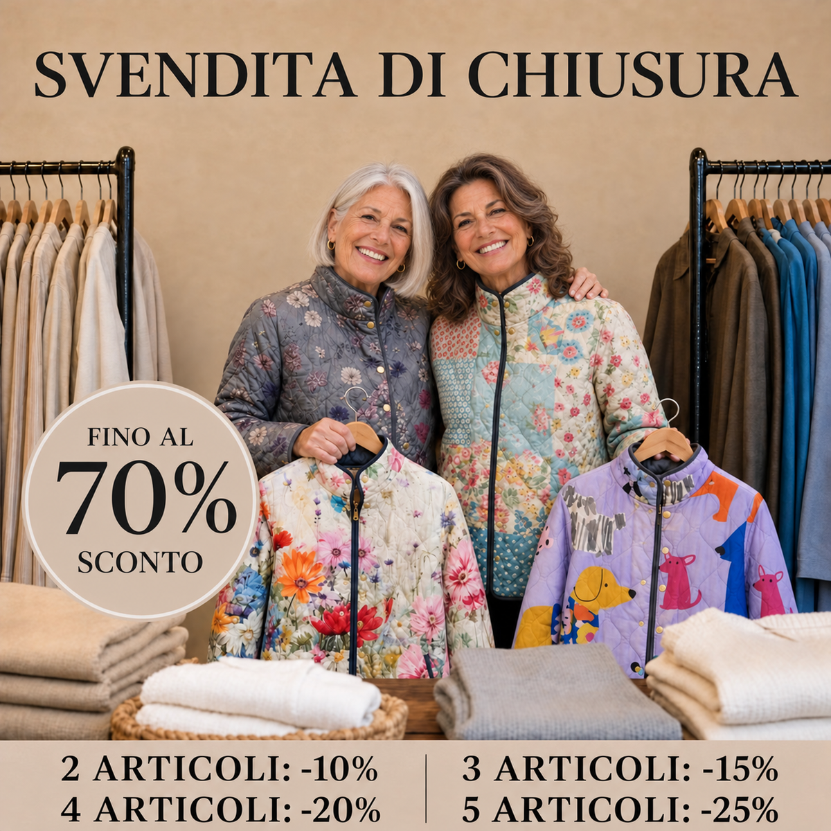 Boutique Veronese – Giacche Trapuntate Colorate. Svendita di chiusura, fino al 70% di sconto.